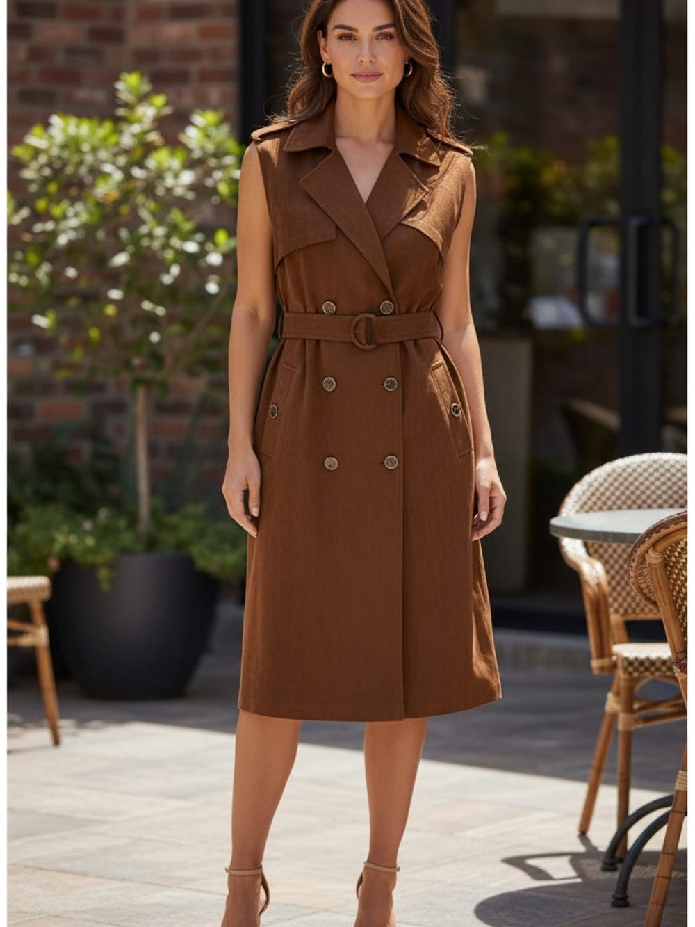chicos brown dress Chico's Sleeveless Double Breasted Trench Vest Size S Utility Work and hemline complete this